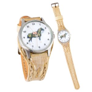 Reloj malla entera de cuero crudo con tejido de borde para dama